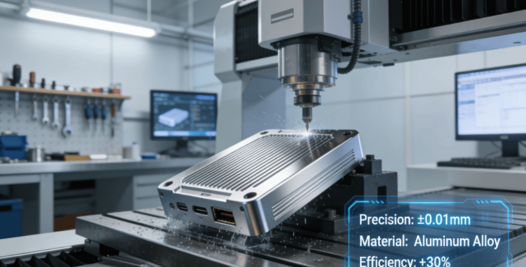 A high-precision CNC milling center machining an aluminum smart home device component, showcasing advanced manufacturing capabilities for the home furnishing industry.