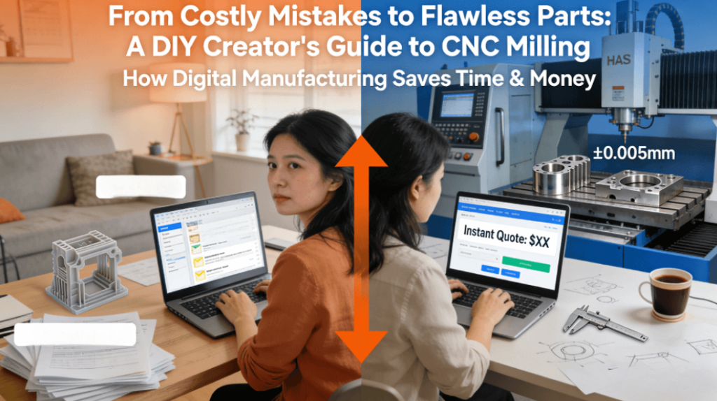 Comparison diagram showing DIY entrepreneur's journey from traditional manufacturing problems (cost overruns, long quotes, faulty prototypes) to digital CNC milling solutions (instant online quoting, precision parts) in a realistic home office setting